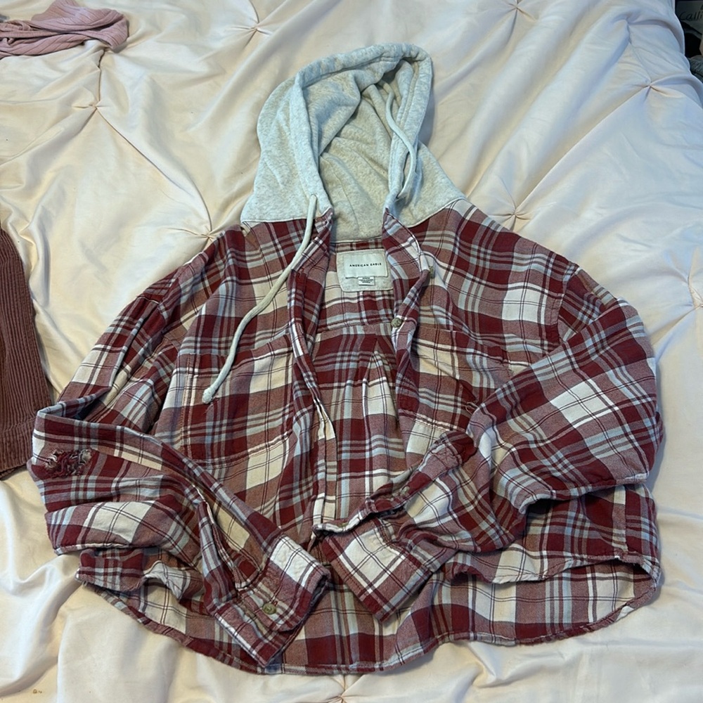 Red American eagle distressed hooded flannel